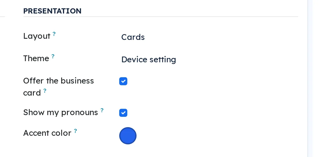Presentation section of a link page: under Offer the business card, the Show my pronouns box, checked