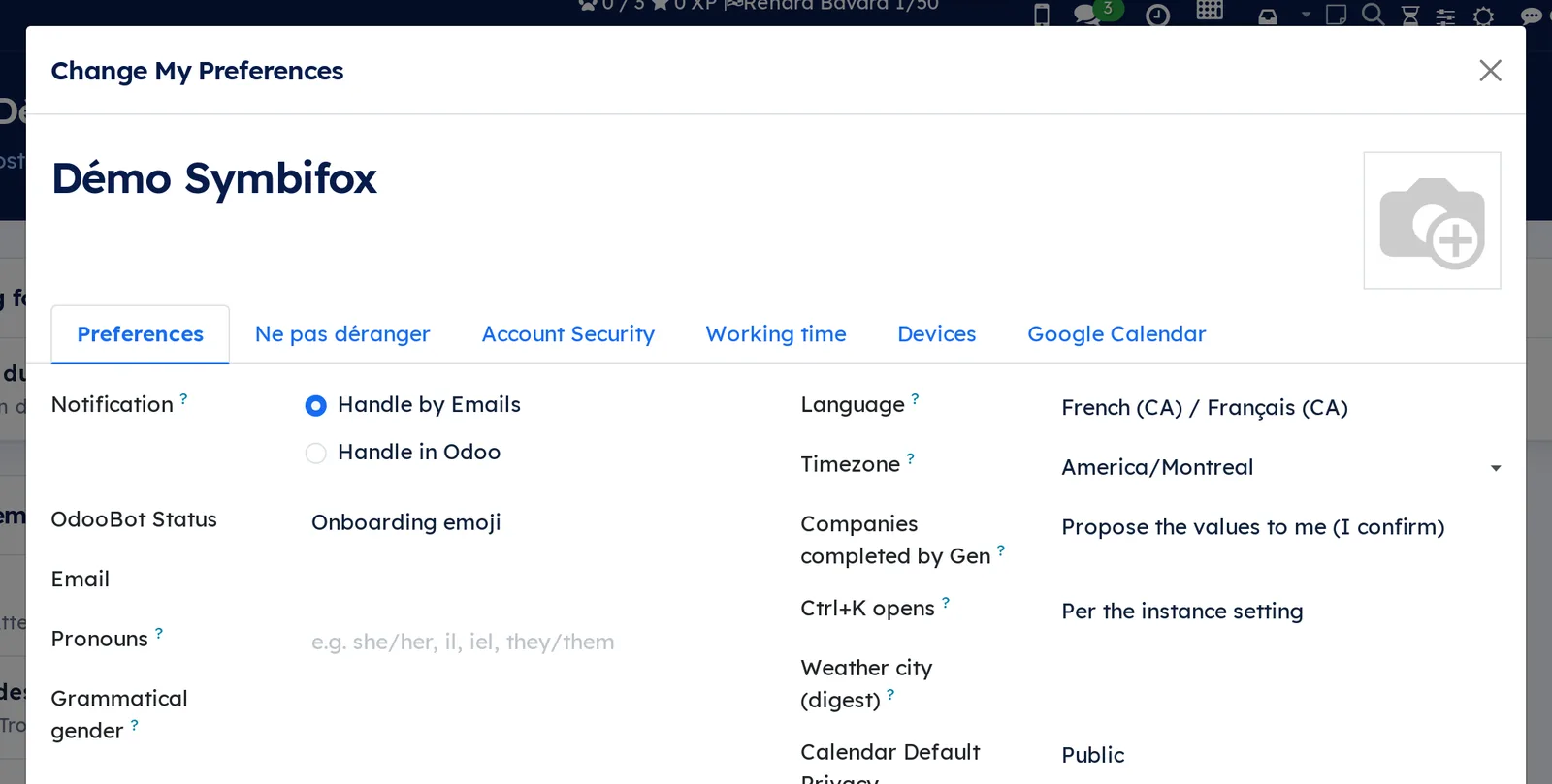 User preferences: the Pronouns and Grammatical gender fields under Email, with the hint “e.g. she/her, il, iel, they/them”