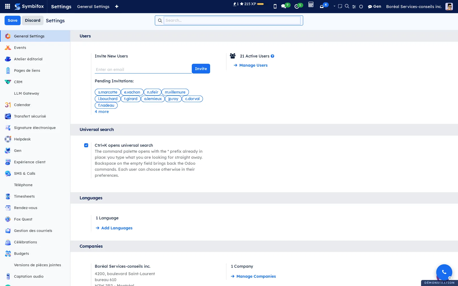 The "Fallback project for appointment agendas" setting, its explanatory text, and the field set to "Rendez-vous entrants"