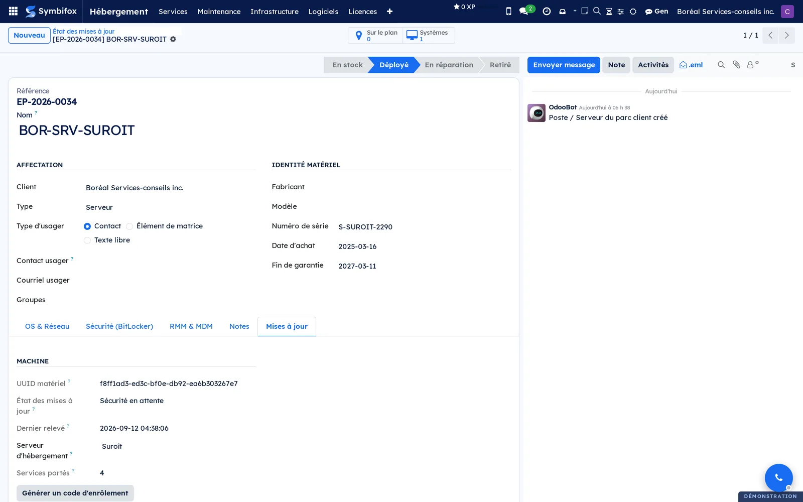 Updates tab of a fleet record, with the state, the date of the last report, the hosting server carried and the button that generates a code