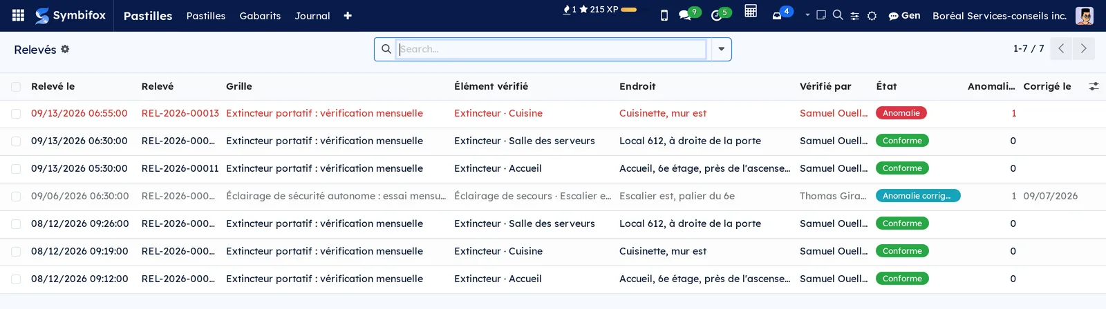 List of Boréal's extinguisher readings, one non-conforming in red and one corrected in grey