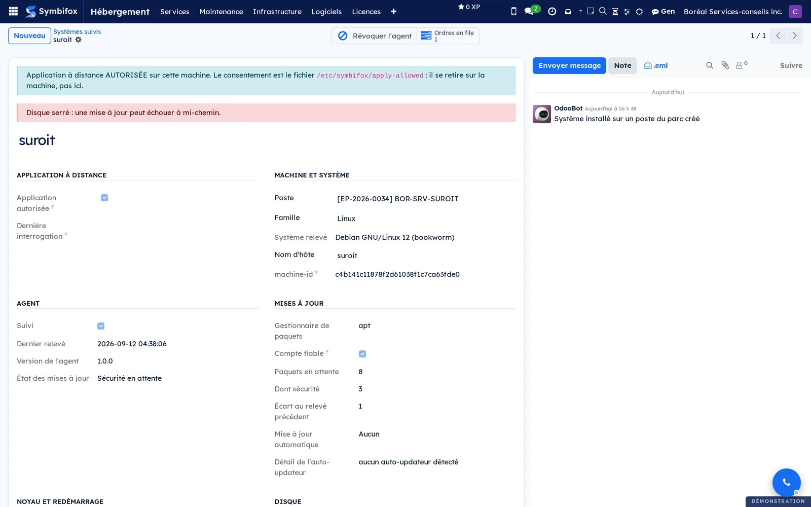 A system record with the authorization banner, the tight disk warning, the package counters and the agent state