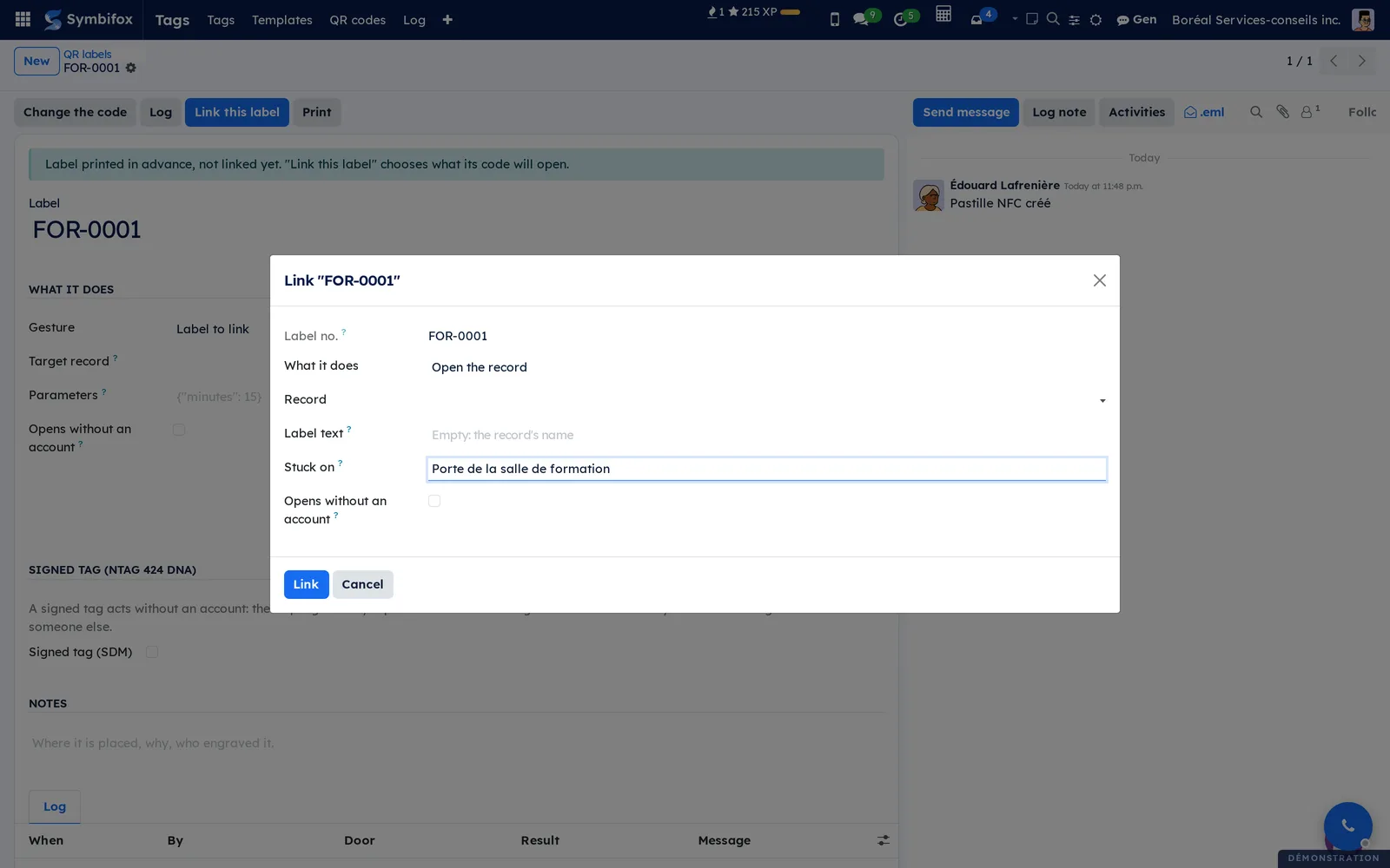 Link FOR-0001 assistant: the Open the record gesture, the record to choose, the label text, the place and the Opens without an account box