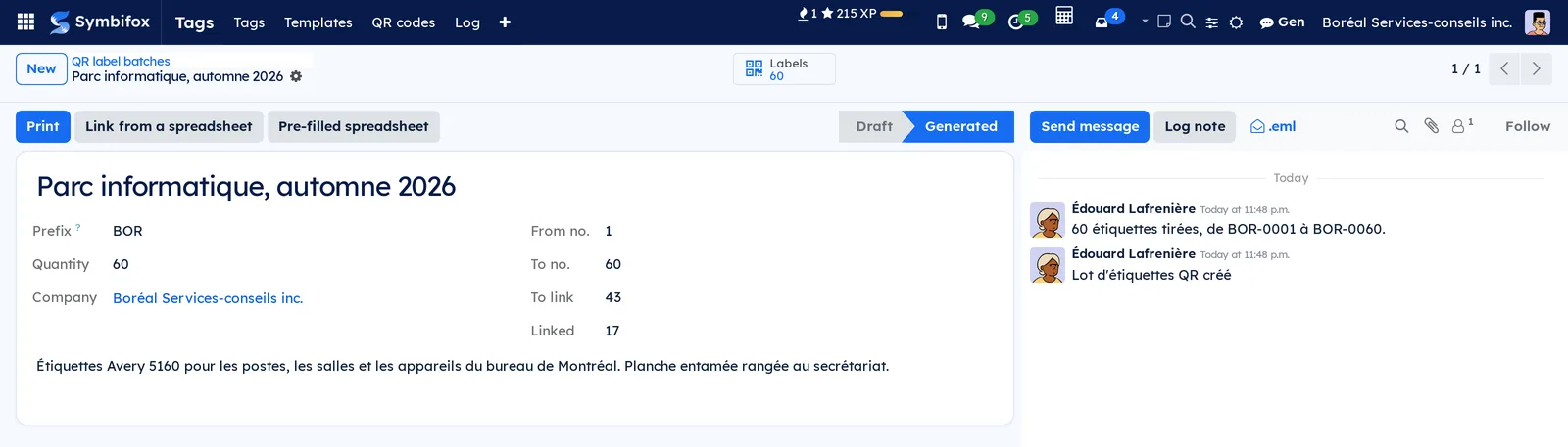 Batch Parc informatique: prefix BOR, numbers 1 to 60, 43 to link and 17 linked, Print and Link from a spreadsheet buttons
