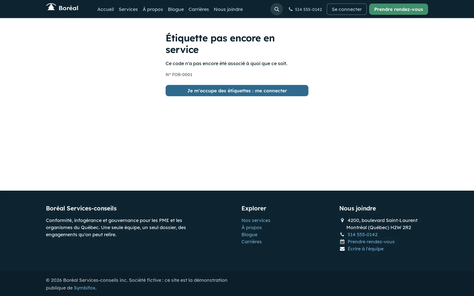 Page Étiquette pas encore en service, with number FOR-0001 and the Je m'occupe des étiquettes : me connecter sign-in button