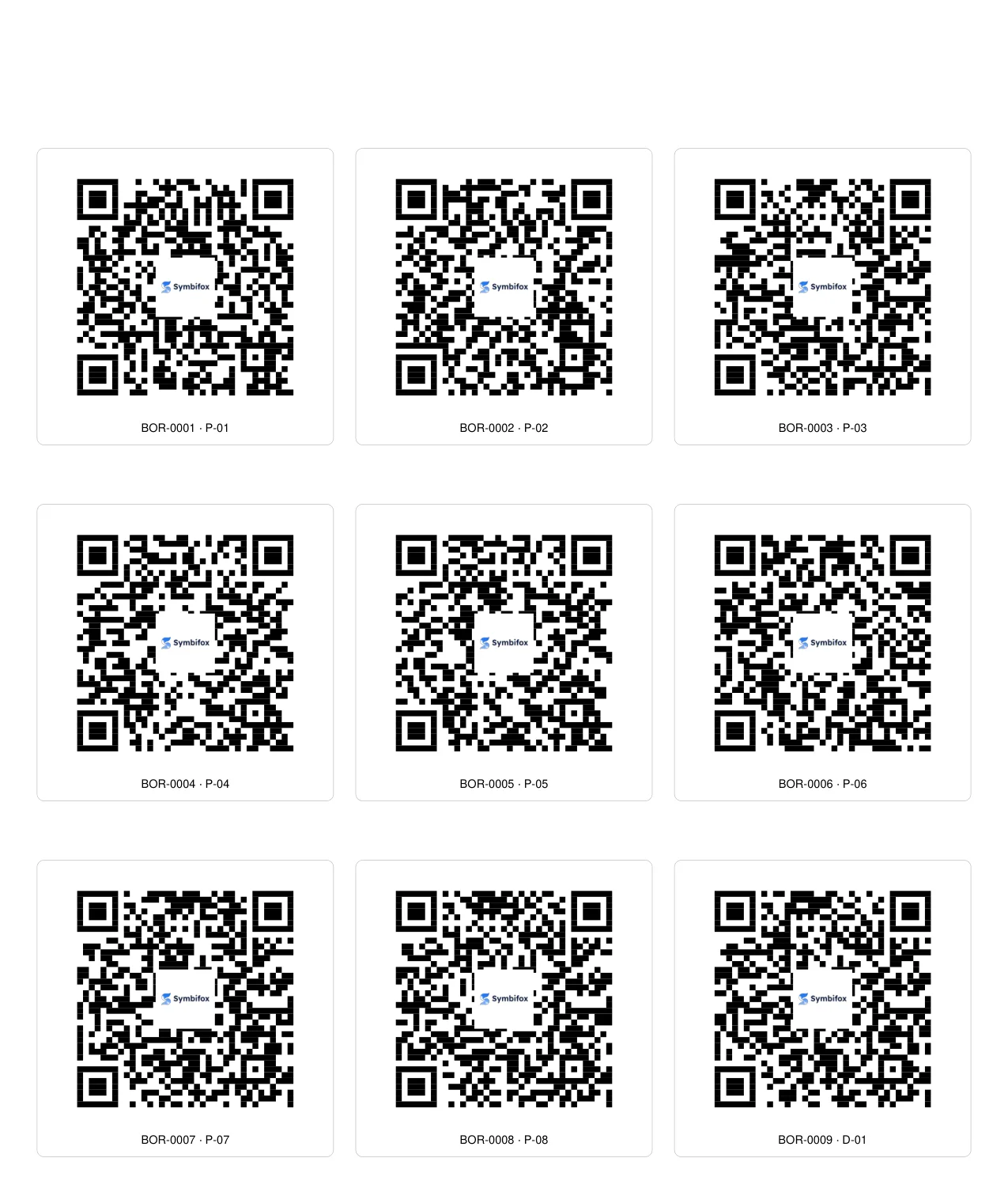 First page of a square label sheet: nine codes with the logo in the centre, each with its number and the desk it targets
