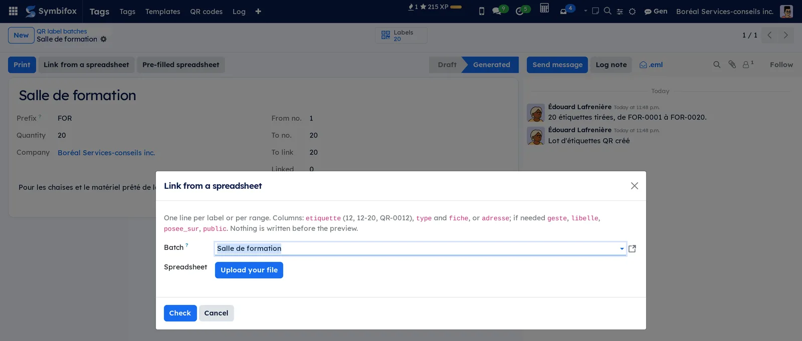 Link from a spreadsheet assistant: the column instructions, the Salle de formation batch and the file to upload
