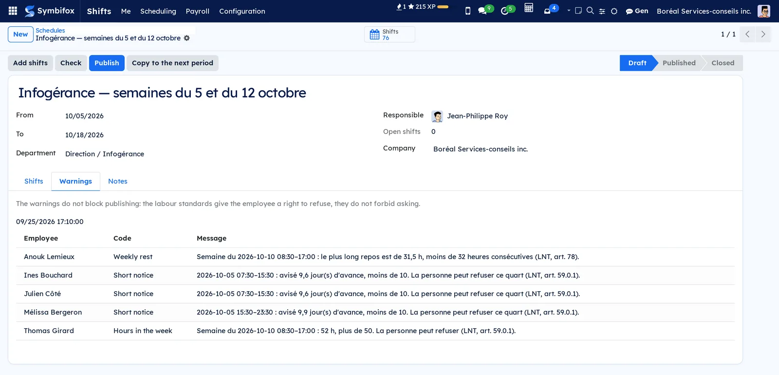 Draft schedule for the weeks of October 5 and 12, Warnings tab: 31.5 hours of weekly rest for Anouk Lemieux, short notice of 9.6 days for three people, 52 hours in the week for Thomas Girard