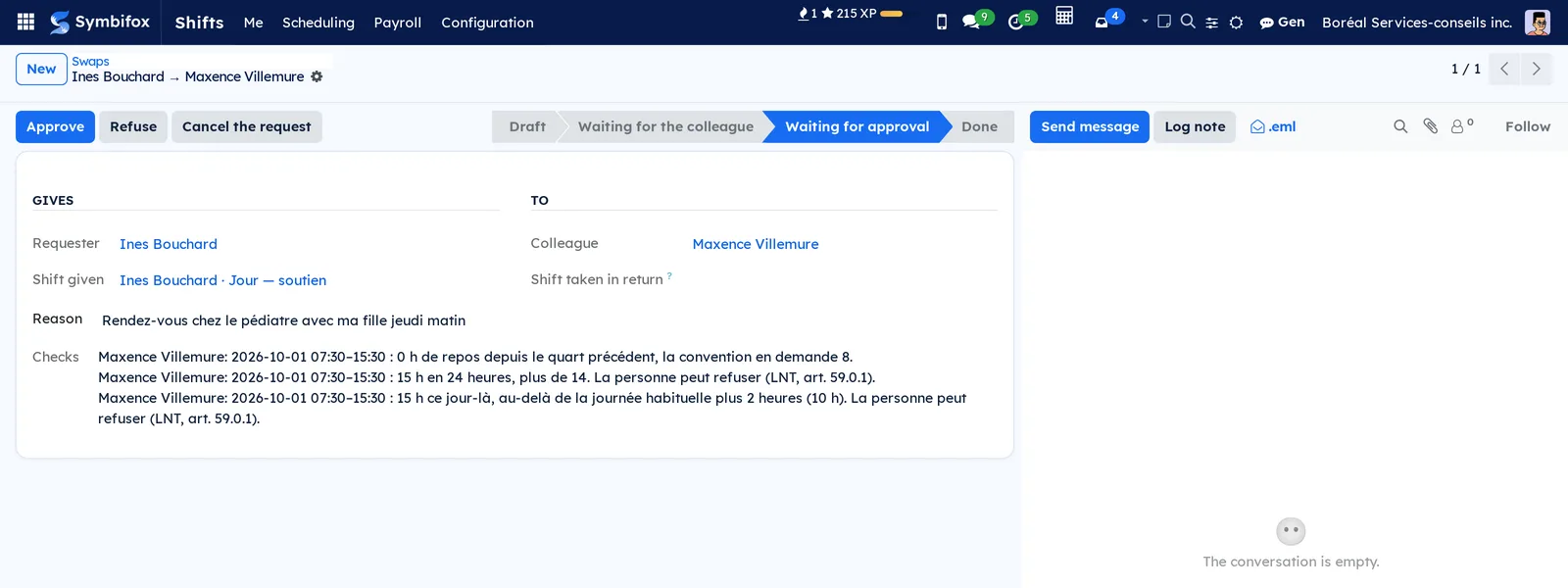 Swap awaiting approval: Ines Bouchard gives her October 1 day shift to Maxence Villemure, with three checks, including 0 hours of rest after his night shift and 15 hours in 24