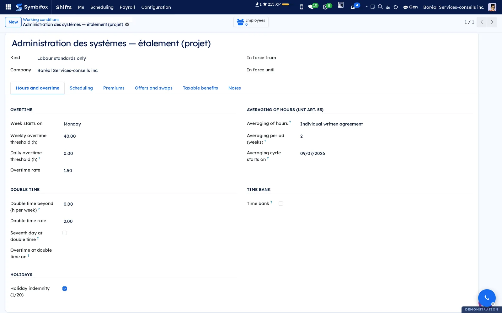 Working conditions of the system administrators, Hours and overtime tab: individual written agreement, 2-week period, cycle starting September 7