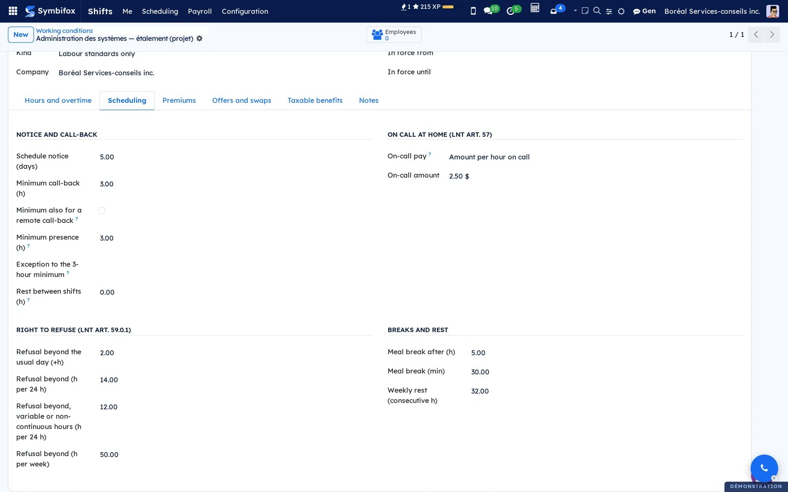Scheduling tab: call-back and 3-hour minimum presence, on call at home paid $2.50 an hour, right-to-refuse limits and rest