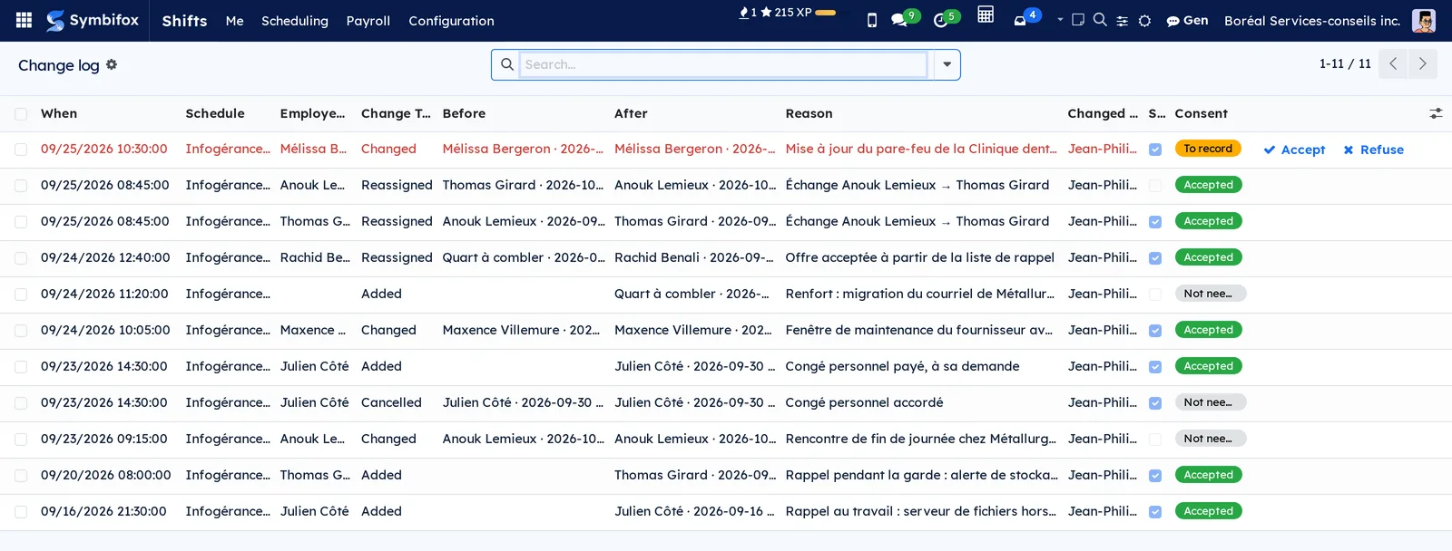 Change log: eleven lines, including a late change for Mélissa Bergeron awaiting an answer with Accept and Refuse buttons, reassignments by swap and by offer, call-backs and a personal leave