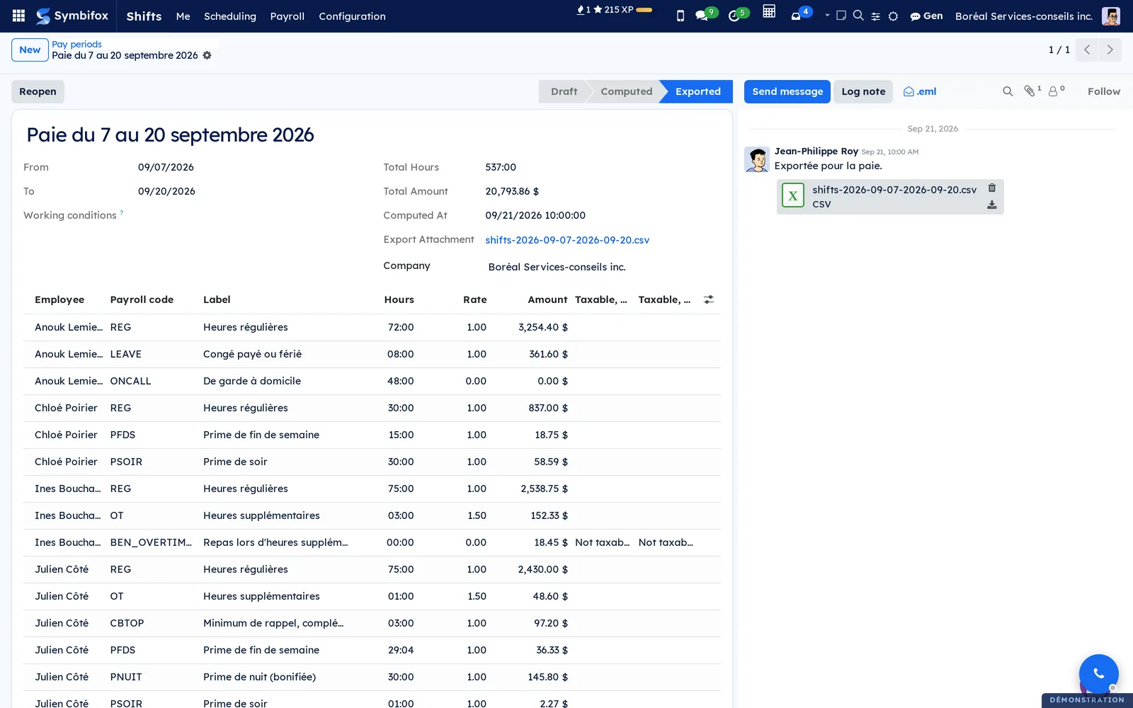 Pay period from September 7 to 20, exported: 537 hours, $20,793.86, lines by employee and code (regular hours, overtime at 1.5, evening, night and weekend premiums, call-back minimum, non-taxable meal) and the attached CSV file