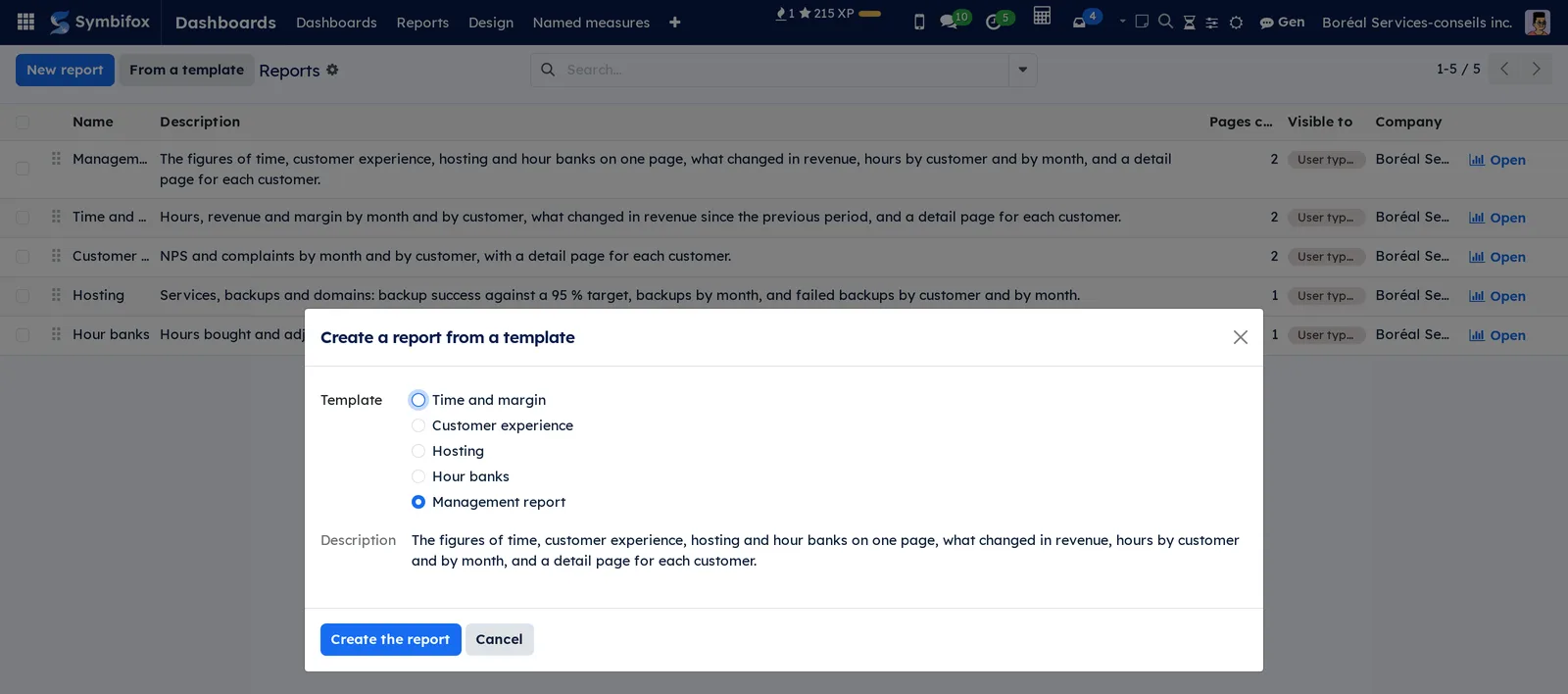 Create a report from a template window: five templates, Management report chosen, its description, Create the report button