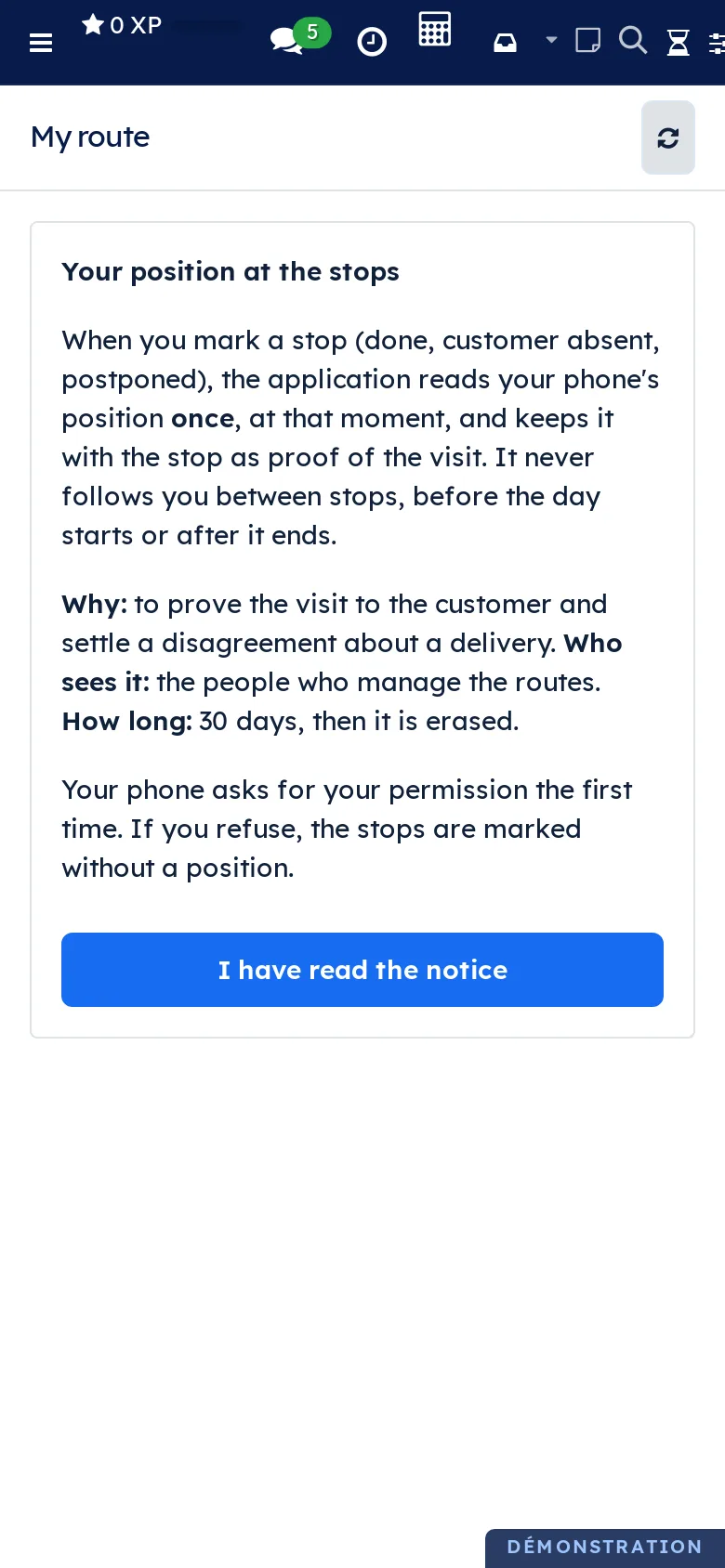 Notice on the phone: position read once when marking, why, who sees it, for how long, and the I have read the notice button