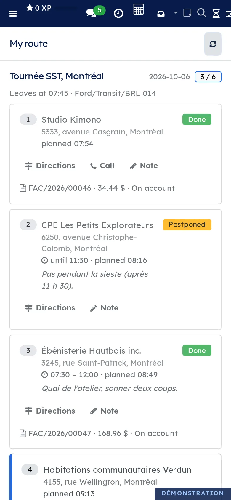 My route on the phone: the health and safety round, three stops marked, their planned times and the invoices already made