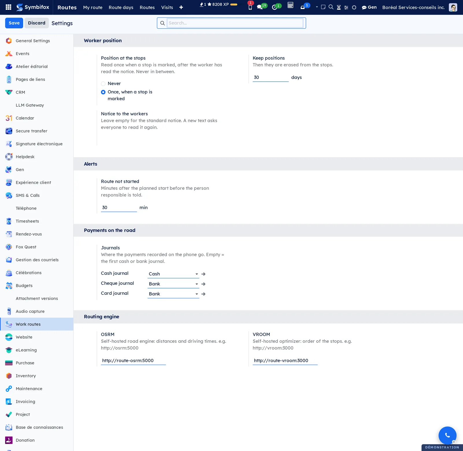 Work routes settings: worker position, alerts, journals for payments on the road and the routing engine addresses