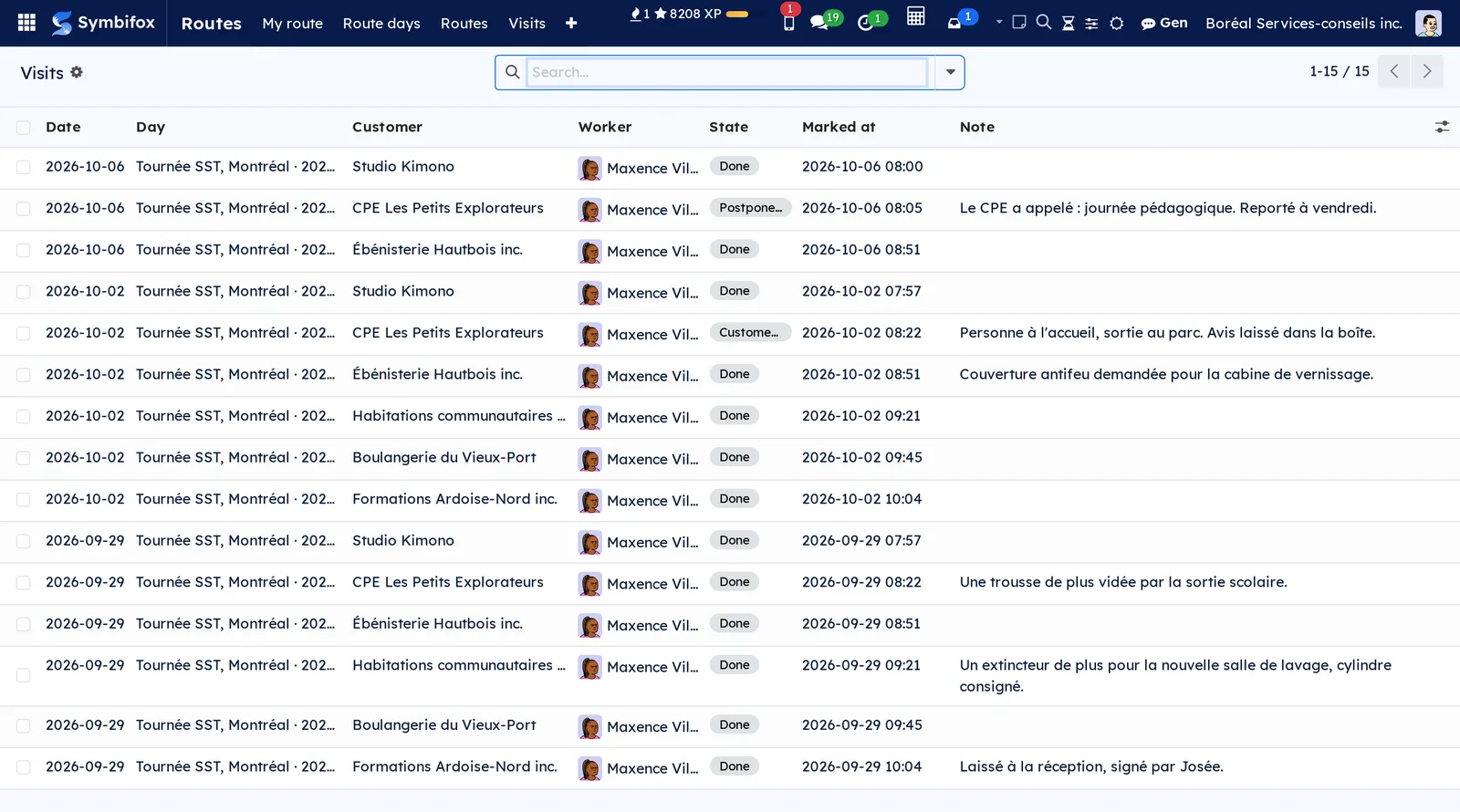 List of visits: fifteen marked visits, including one postponed and one customer absent, with their notes