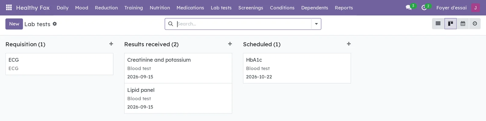 Lab tests in Requisition, Results received and Scheduled columns: an electrocardiogram, two blood tests received, an HbA1c scheduled