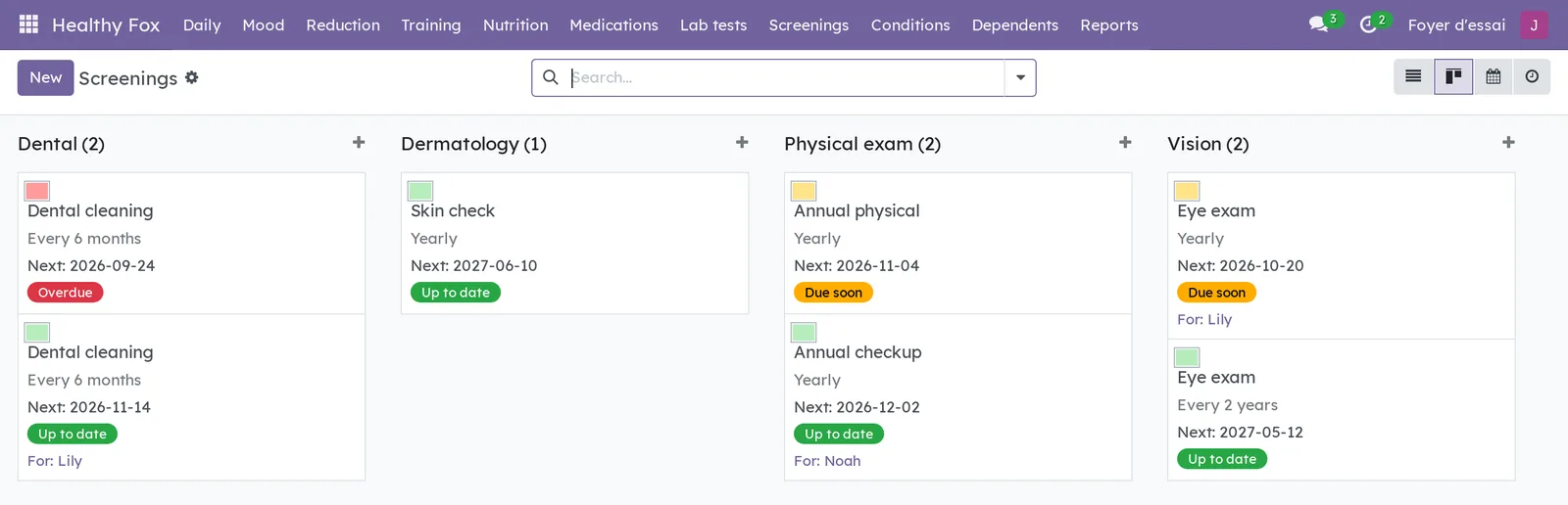 Screenings grouped by type: a dental cleaning Overdue, an annual physical and an eye exam Due soon, the others Up to date, three of them for Lily and Noah