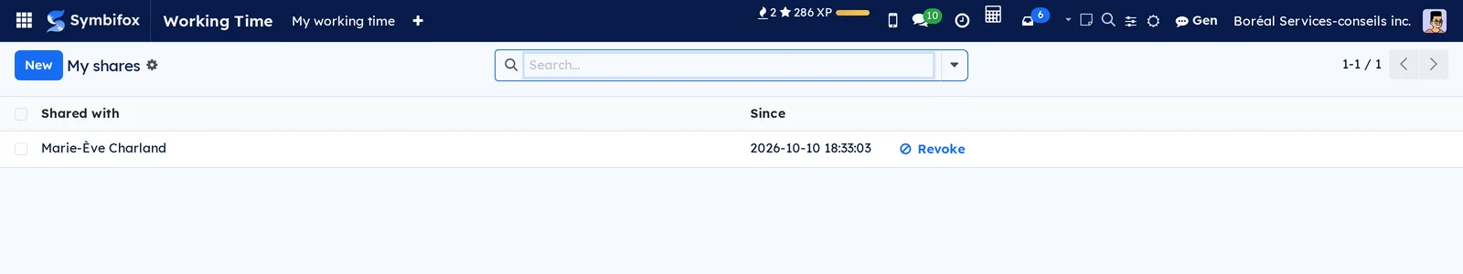 My shares list: one share with Marie-Ève Charland since October 10, with Revoke at the end of the line