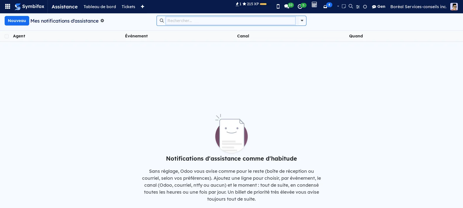Liste Mes notifications d'assistance, vide, avec les colonnes Agent, Événement, Canal et Quand, et le texte d'aide sur les notifications habituelles