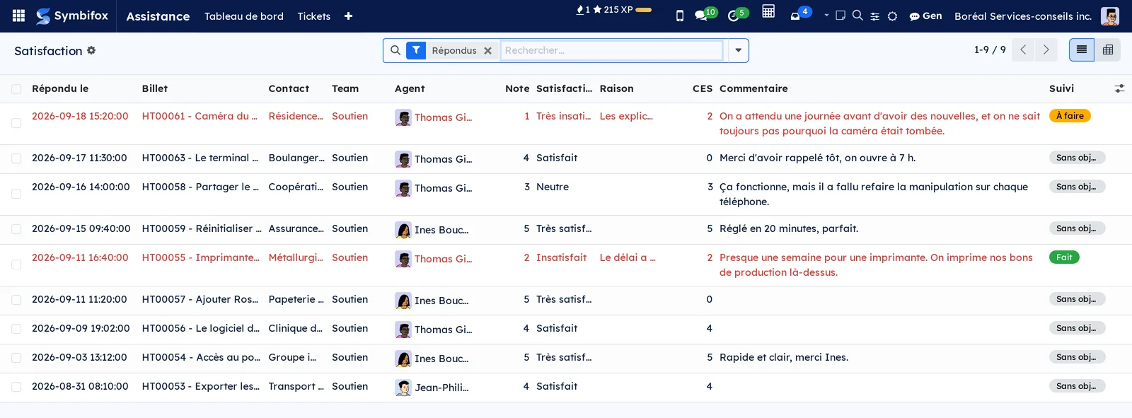 Liste Satisfaction de Boréal : neuf réponses, avec la note, la raison, l'effort, le commentaire et le suivi, deux notes négatives en rouge