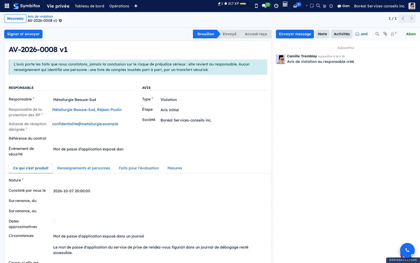 Brouillon AV-2026-0008 v1 préparé depuis l'événement « Mot de passe d'application exposé dans un journal », circonstances reprises
