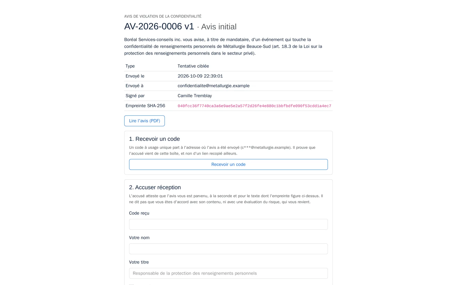 Page publique d'accusé de AV-2026-0006 v1 : type, date d'envoi, adresse, signataire, empreinte, puis Recevoir un code et le formulaire Accuser réception