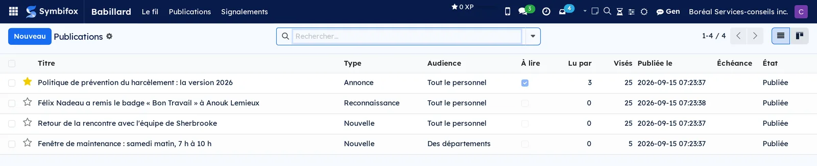 La liste des publications avec leur audience, le nombre de confirmations sur le nombre de personnes visées, et leur état