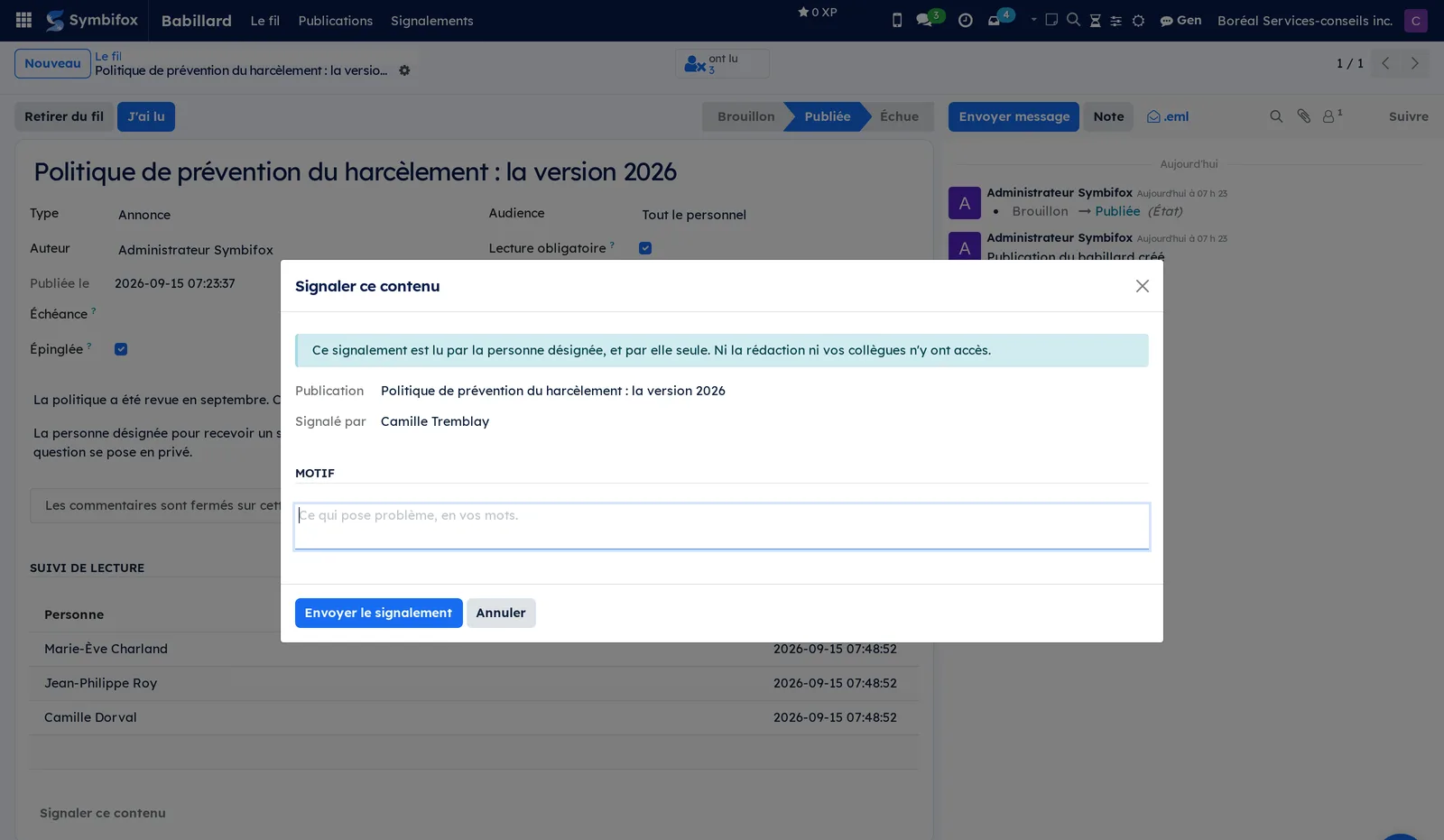 Le dialogue de signalement vu par une personne ordinaire : la publication visée, le nom de qui signale, et le champ Motif