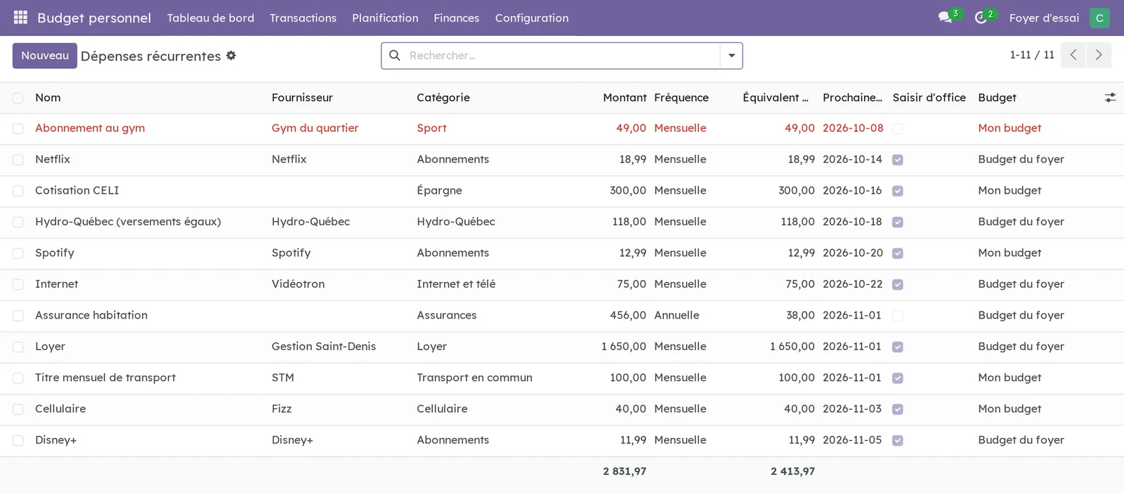 Dépenses récurrentes : onze abonnements avec fournisseur, catégorie, montant, fréquence, équivalent mensuel, prochaine échéance et case Saisir d'office