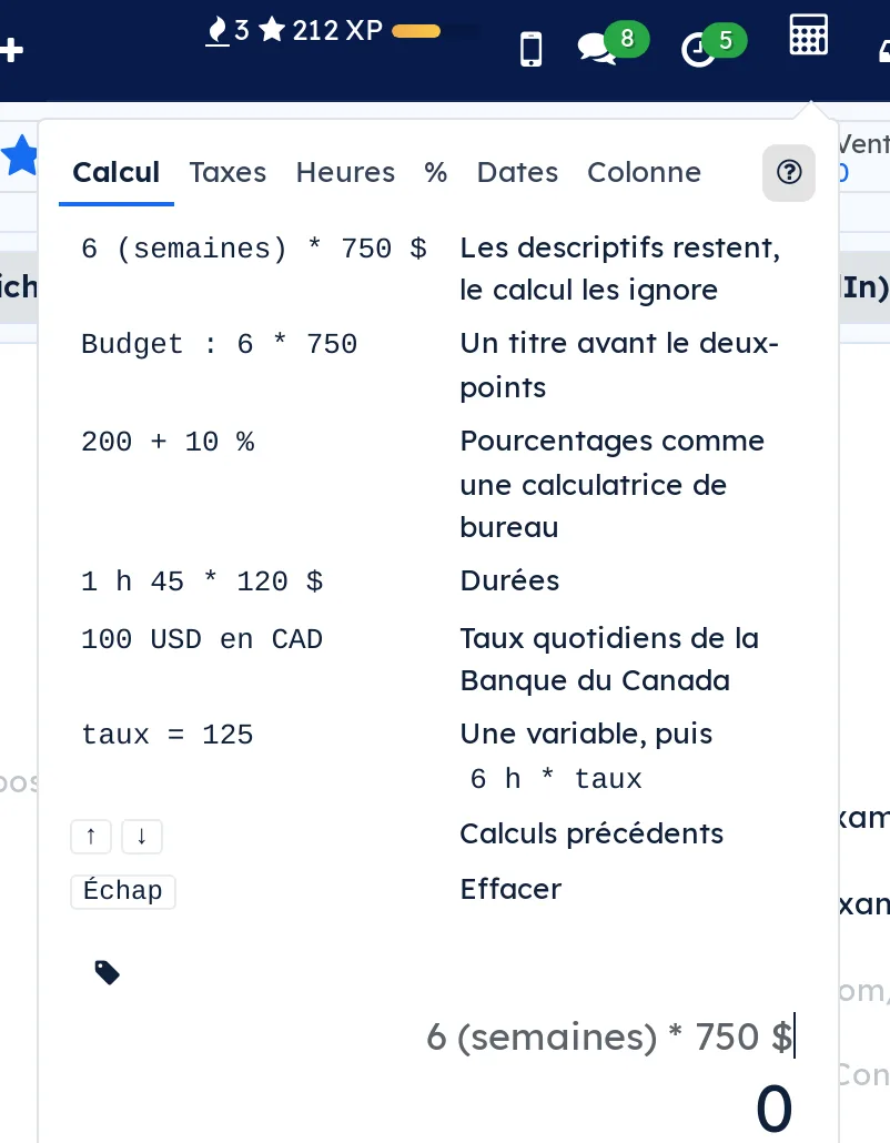 Aide Que puis-je taper ? ouverte au-dessus du champ de calcul : descriptifs, titre, pourcentages, durées, devises, variable, flèches et Échap