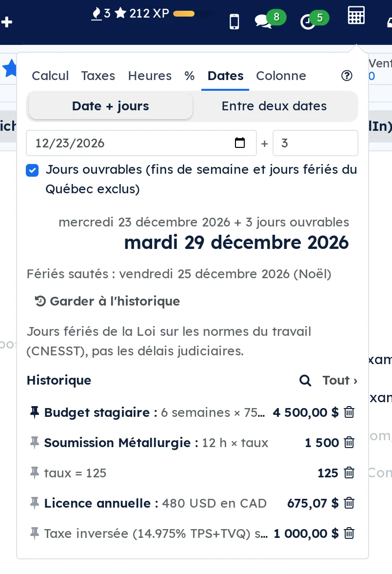 Onglet Dates : 23 décembre 2026 plus 3 jours ouvrables donne mardi 29 décembre 2026, Noël sauté, avec la mention CNESST