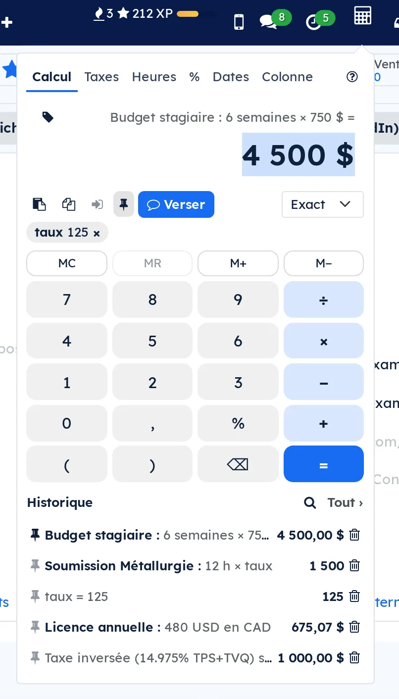 Panneau de la calculatrice sous son icône de la barre du haut : onglet Calcul, résultat 4 500 $ en grand, pavé numérique et historique de Camille