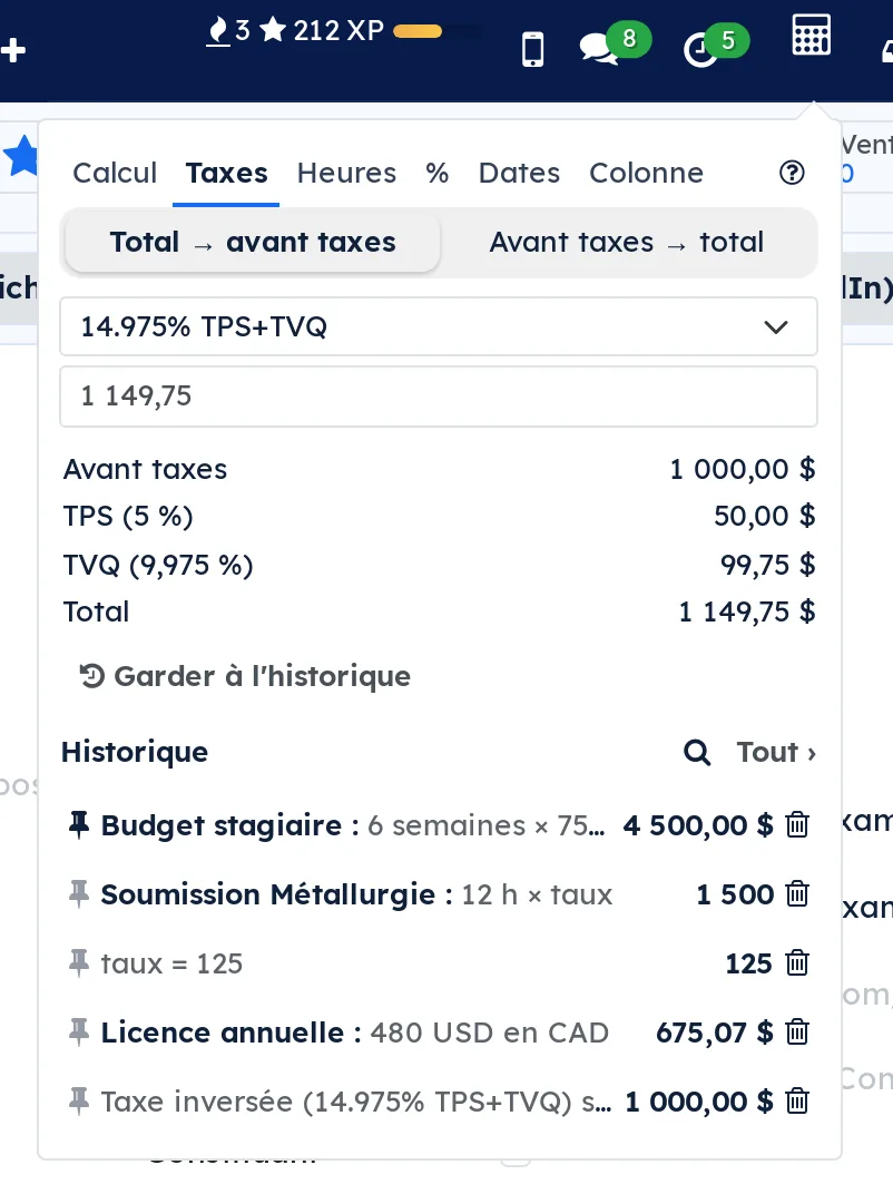 Onglet Taxes en sens Total vers avant taxes : 1 149,75 donne 1 000,00 $ avant taxes, TPS 50,00 $ et TVQ 99,75 $