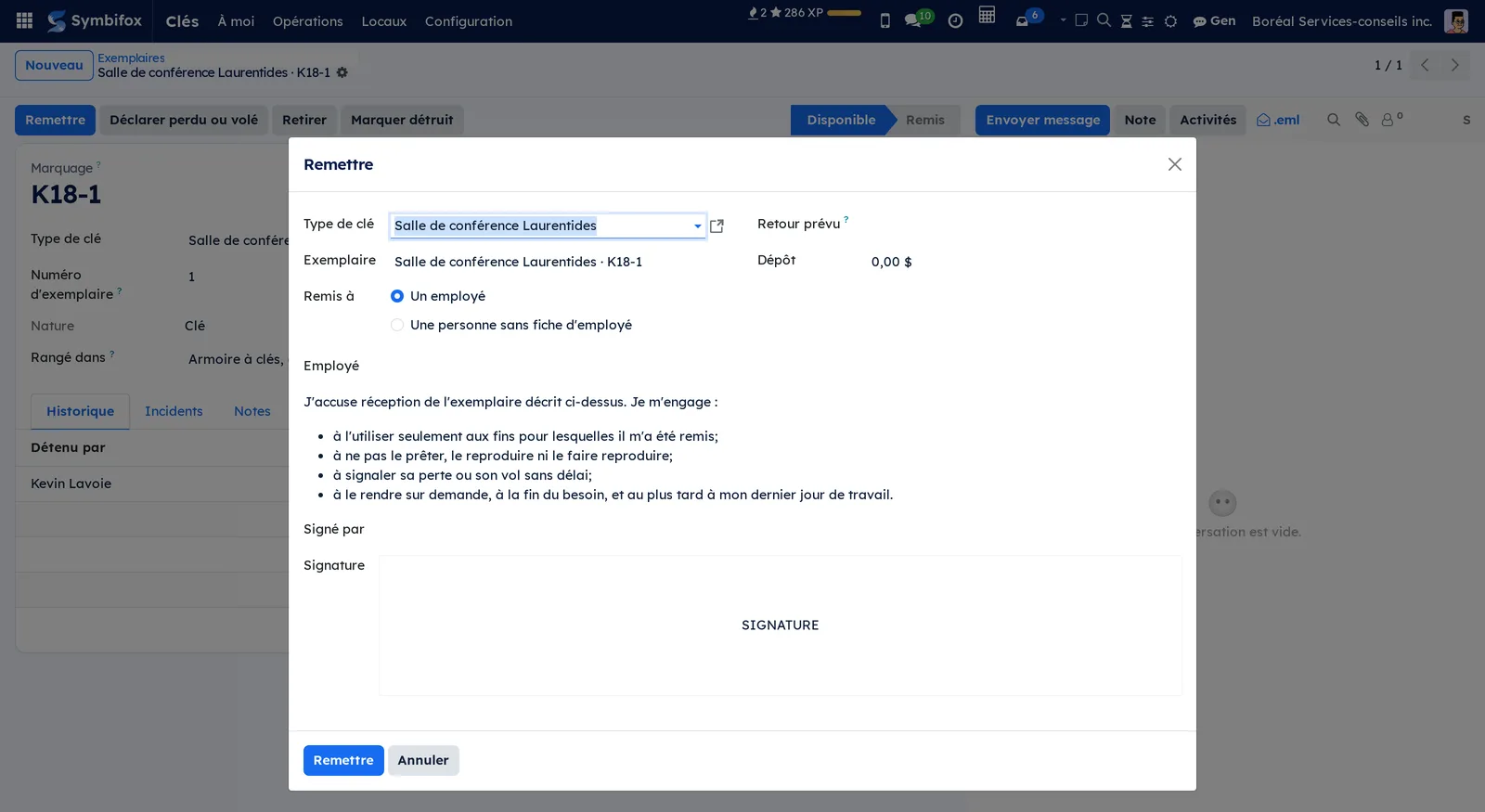 Assistant Remettre : type et exemplaire, employé ou personne sans fiche, retour prévu, dépôt, engagement à lire et cadre de signature