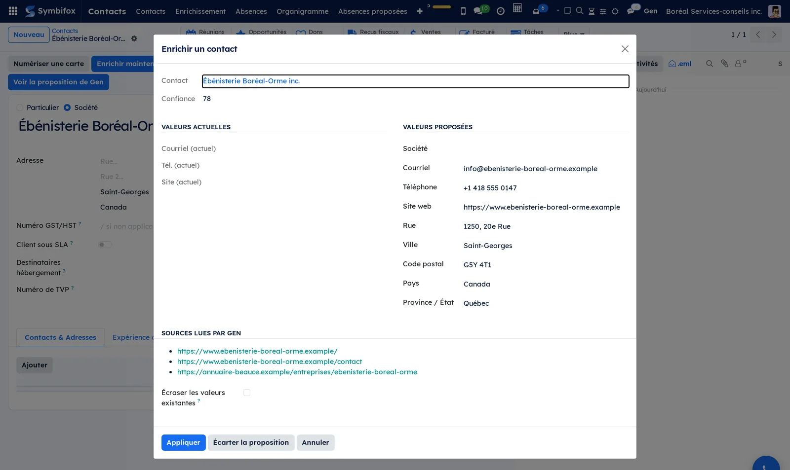 Fenêtre Enrichir un contact avec la proposition de Gen : valeurs actuelles et proposées, sources lues en liens, boutons Appliquer, Écarter la proposition et Annuler