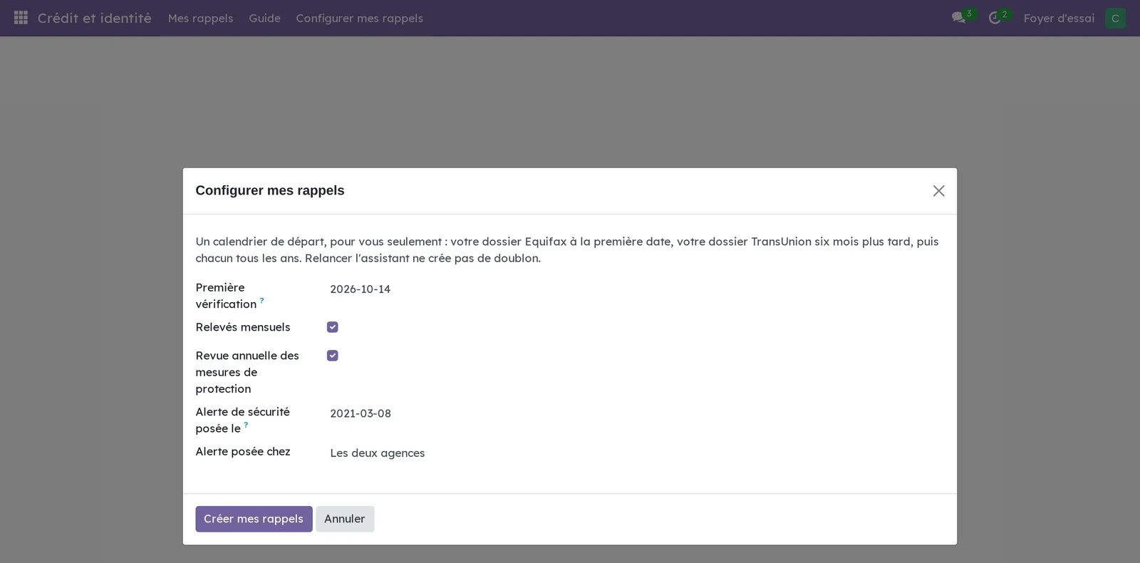 Fenêtre Configurer mes rappels : première vérification, relevés mensuels et revue annuelle cochés, date de l'alerte et agences, bouton Créer mes rappels