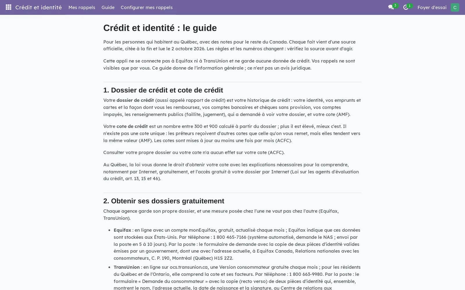 Début du guide : à qui il s'adresse, ce que l'application ne fait pas, puis les sections Dossier de crédit et cote de crédit, et Obtenir ses dossiers gratuitement
