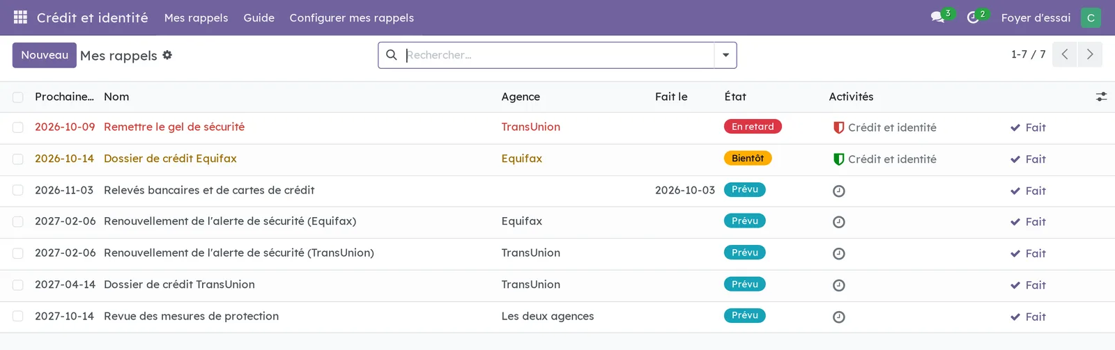 Liste Mes rappels : sept rappels, un en retard en rouge, un bientôt en orangé, les autres prévus, avec l'agence, l'état, l'activité et le bouton Fait