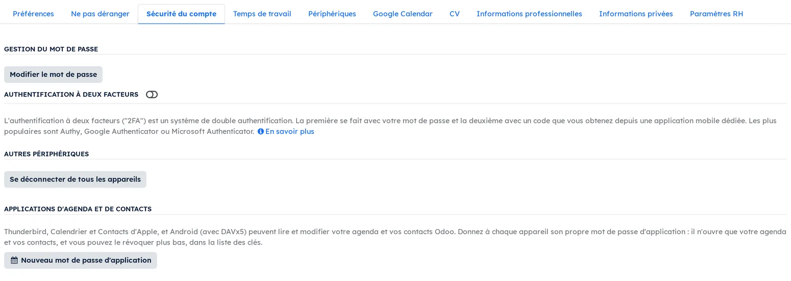 Onglet Sécurité du compte : la rubrique Applications d'agenda et de contacts et son bouton Nouveau mot de passe d'application