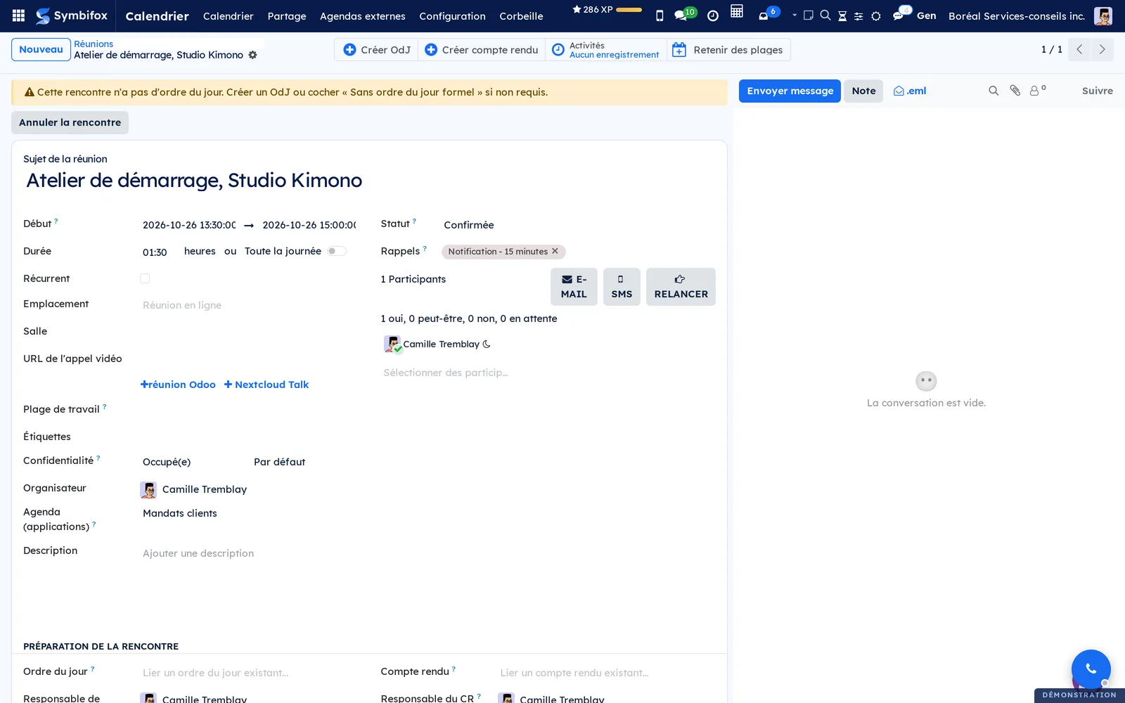Fiche de l'Atelier de démarrage, Studio Kimono : le champ Agenda (applications) indique Mandats clients, sous l'organisateur
