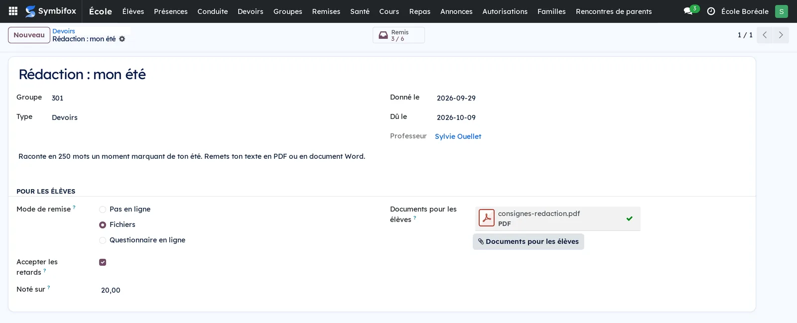 Devoir « Rédaction : mon été » du 301 : remise en fichiers, retards acceptés, noté sur 20, consignes jointes et bouton Remis 3 / 6