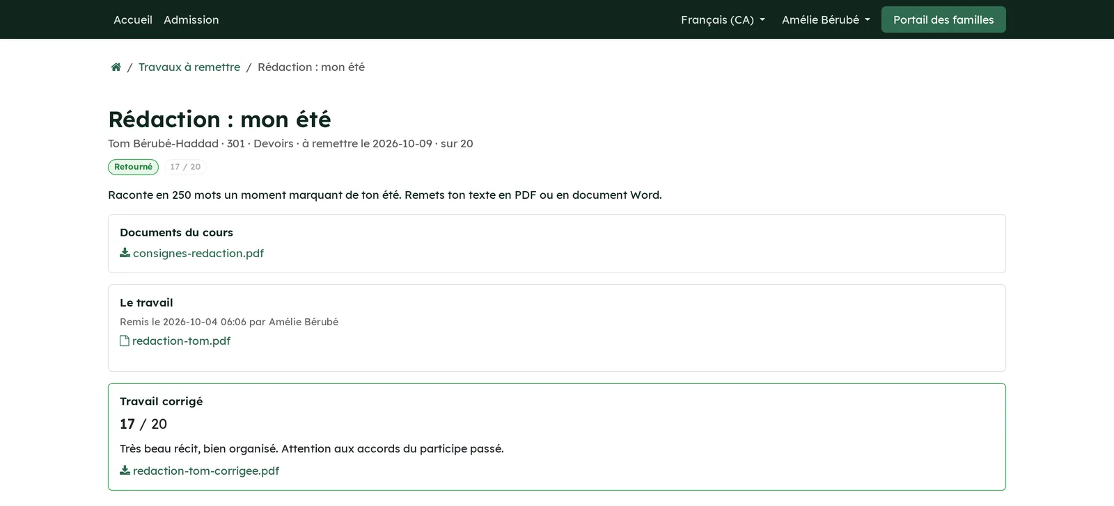Page d'un travail au portail d'Amélie Bérubé : la rédaction de Tom, remise, puis retournée avec 17 / 20, un commentaire et la copie corrigée