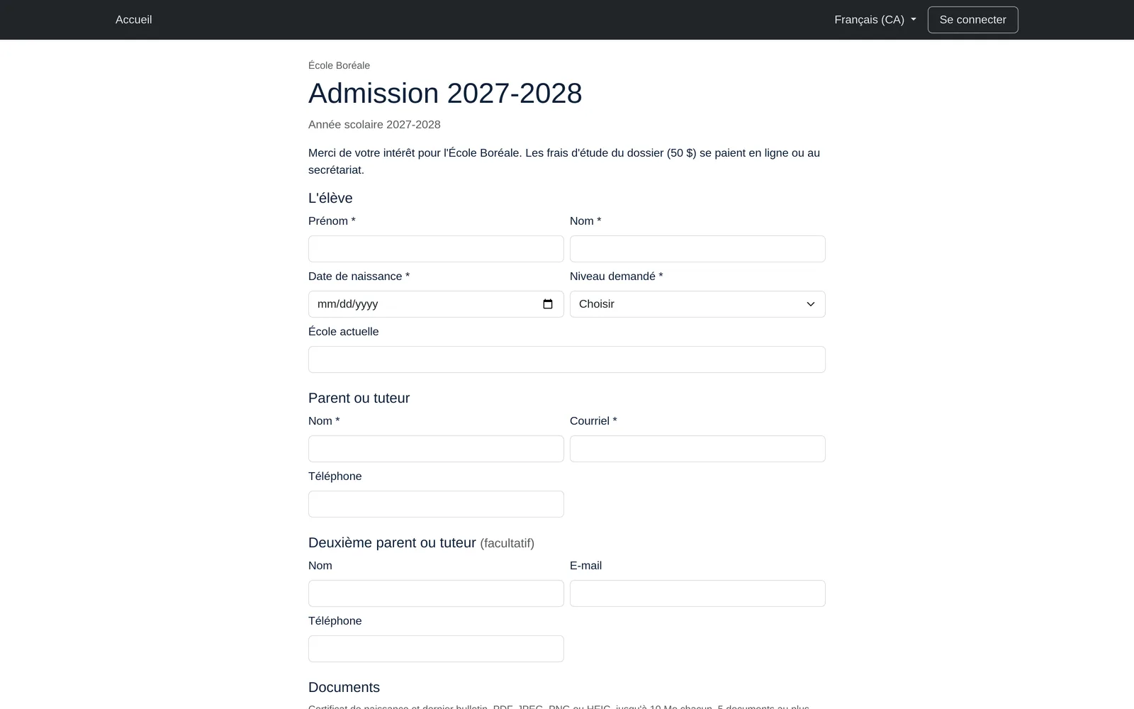 Formulaire public d'admission 2027-2028 de l'École Boréale : l'élève, un ou deux parents, puis les documents