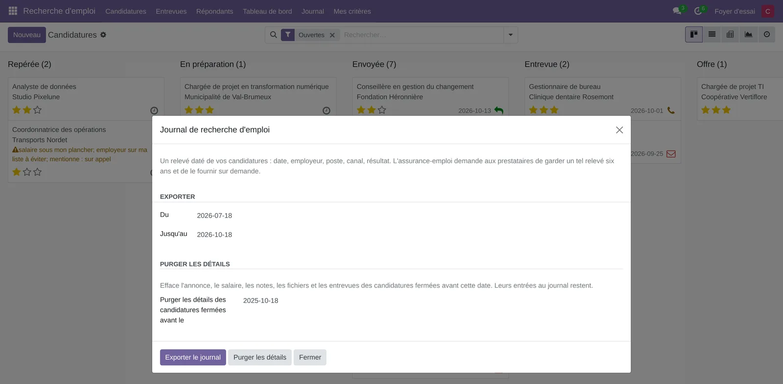 Fenêtre Journal de recherche d'emploi : période à exporter, purge des détails et boutons Exporter le journal et Purger les détails