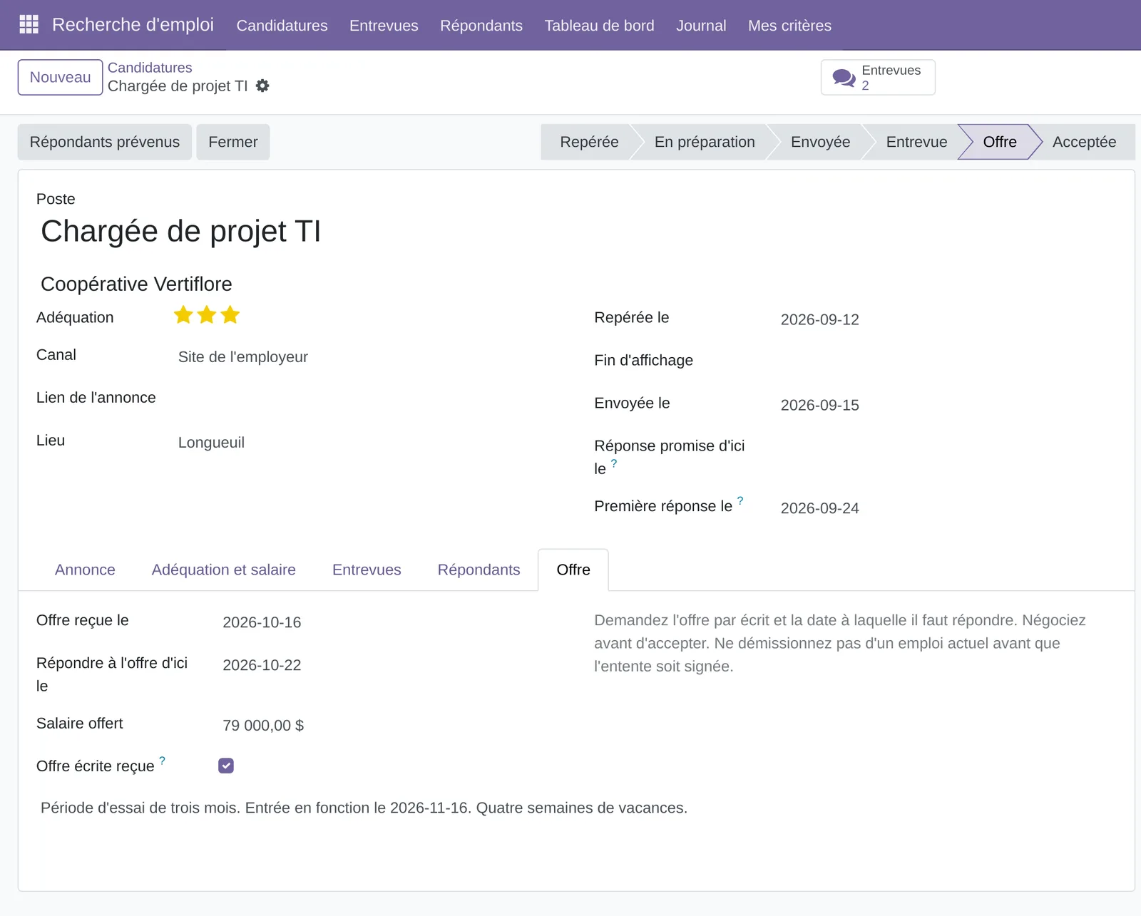 Onglet Offre : reçue le 2026-10-16, réponse d'ici le 2026-10-22, salaire offert, offre écrite reçue et conditions
