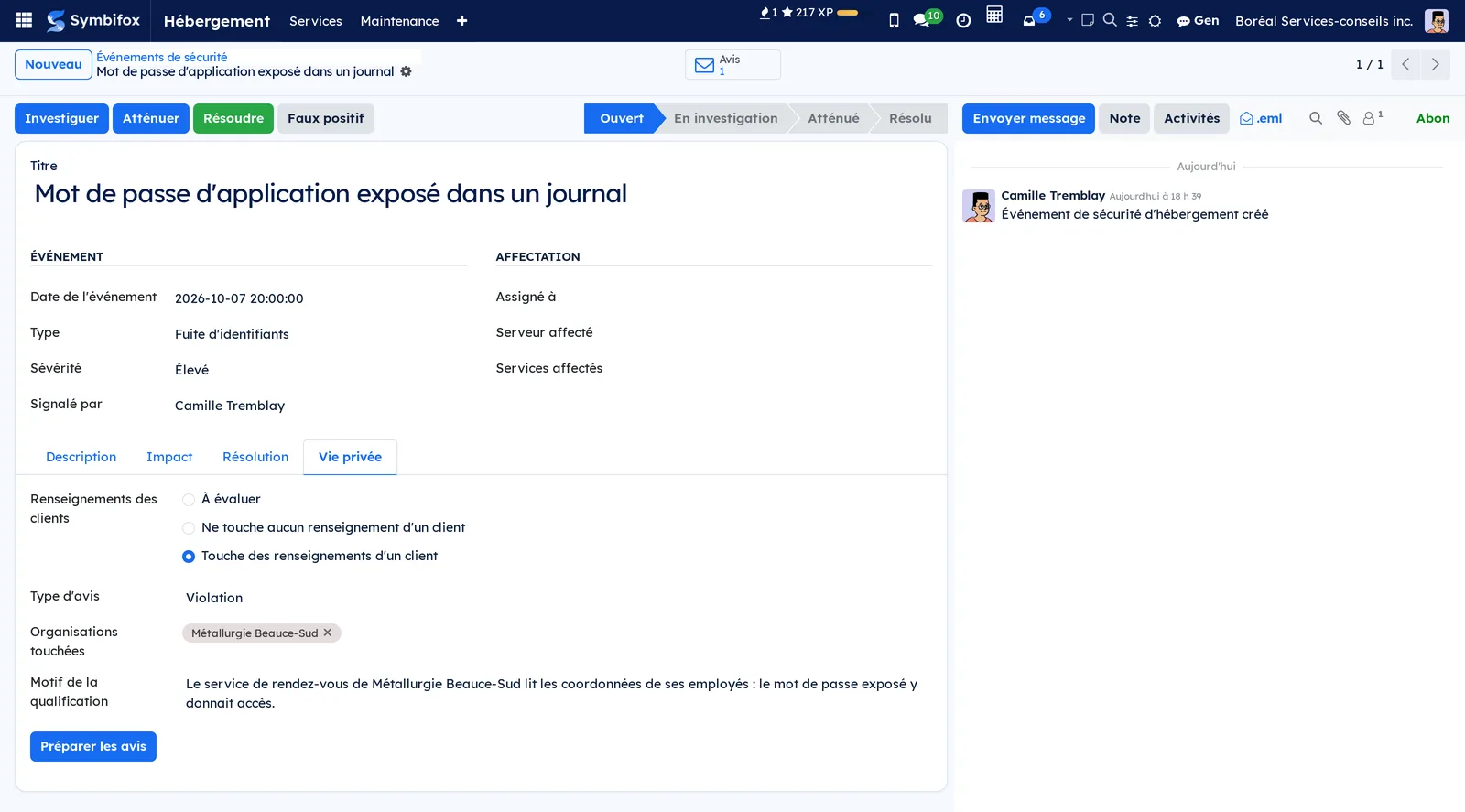 Onglet Vie privée d'un événement de sécurité : touche des renseignements d'un client, type Violation, Métallurgie Beauce-Sud touchée, motif et bouton Préparer les avis