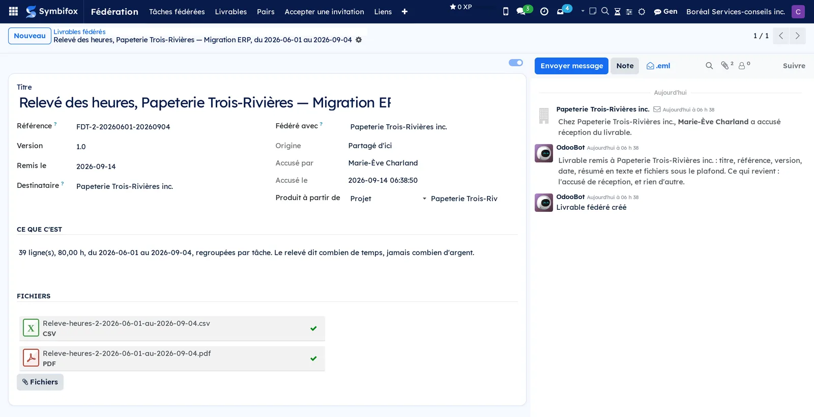 Livrable né d'un relevé des heures : référence, période, projet d'origine, CSV et PDF joints, et l'accusé revenu avec le nom de qui a lu